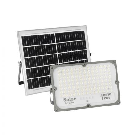 LUMOVOX 73068 Προβολέας LED 200W 10000lm 120° DC 5V με Φωτοβολταϊκό Panel 5V 12W & Επαναφορτιζόμενη Μπαταρία Li-ion 3.2V 10000mAh Ψυχρό Λευκό 6000K 180xSMD2835 Γκρι Ανθρακί -