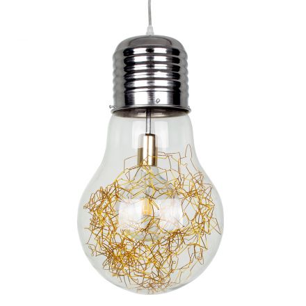 LAMP Κρεμαστό Φωτιστικό - Ασημί Νίκελ Βάση και Χρυσό Ντουί Μεταλλικό Διάφανο Γυαλί Φ30 x Υ52cm
