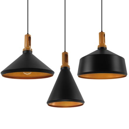 CALYPSO 01334 SET 3 Μοντέρνα Κρεμαστά Φωτιστικά Οροφής Τρίφωτο 3 x E27 Μαύρο - Χρυσό Μεταλλικά με Ξύλινη Βάση Καμπάνα