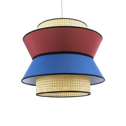SAIGE Boho Κρεμαστό Φωτιστικό - Φ50 x Υ43cm Μπεζ Μπαμπού Πλέγμα με Κόκκινο και Μπλε Υφασμάτινο Καπέλο