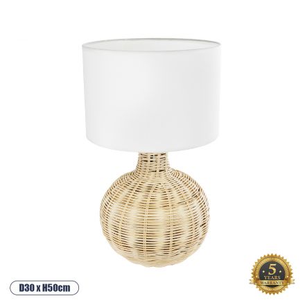 HASUMI Boho Επιτραπέζιο Πορτατίφ - Φ30 x Υ50cm - Μπεζ Ξύλινο Ρατάν Πλέγμα με Λευκό Καπέλο 