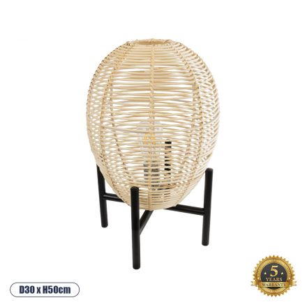 NERINA Boho Επιτραπέζιο Πορτατίφ - Φ30 x Υ50cm - Μαύρο Μεταλλικό με Μπεζ Ρατάν Καπέλο Πλέγμα 