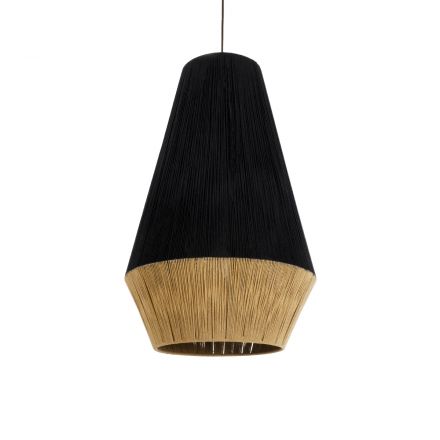 CAMUY 02080 Boho Φωτιστικό Οροφής Μονόφωτο 1xE27 IP20 Φ50 x Υ80cm Μαύρο με Μπεζ Λεπτό Νήμα Βαμβακερό Πλέγμα Καμπάνα