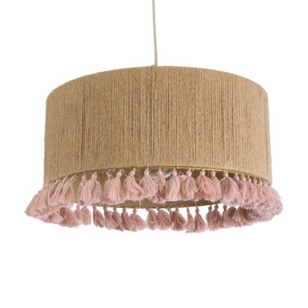 PUERTORICO 02096 Boho Κρεμαστό Φωτιστικό Μονόφωτο 1xE27 IP20 Φ50 x Υ27cm Μπεζ με Ροζ Λεπτό Νήμα Πλέγμα Βαμβακερό Καπέλο