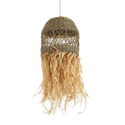 SAINTLUCIA 02160 Boho Κρεμαστό Φωτιστικό Μονόφωτο 1xE27 IP20 Φ30 x Υ90cm Χακί Σχοινί με Μπεζ Φυσική Ράφια Νήμα Πλεγμα Καμπάνα