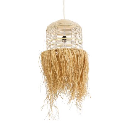 BASSETERRE 02162 Boho Κρεμαστό Φωτιστικό Μονόφωτο 1xE27 IP20 Μπεζ Ξύλινο Μπαμπού με Μπεζ Φυσική Ράφια Νήμα Πλεγμα Καμπάνα