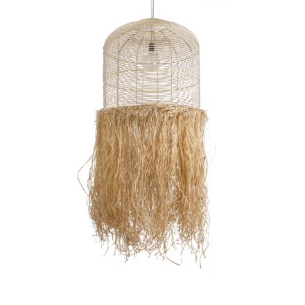 BASSETERRE 02163 Boho Φωτιστικό Οροφής Μονόφωτο 1xE27 IP20 Φ70 x Υ170cm Μπεζ Ξύλινο με Μπεζ Καφέ Φυσική Ράφια Νήμα Πλέγμα Καμπάνα