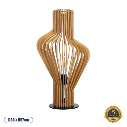 MIHIRO Boho Επιτραπέζιο Φωτιστικό - Φ33 x Υ57cm - Καφέ Ξύλινο με Μαύρη Μεταλλική Βάση
