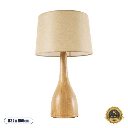 BERKBAY Boho Επιτραπέζιο Φωτιστικό - Φ32 x Υ55cm - Μπεζ Ξύλινο με Μπεζ Υφασμάτινο Καπέλο