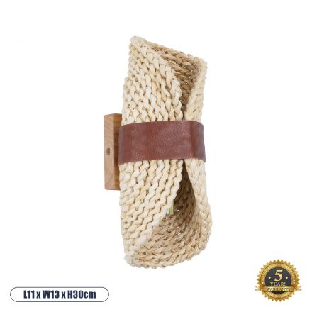 GUAVA Boho Επιτοίχιο Φωτιστικό Απλίκα - IP20 Μπεζ Ξύλο με Καφέ Δέρμα 