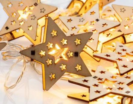 10 LED Διακοσμητικά Λαμπάκια Σε Σειρά Ξύλινα Αστέρια Μπαταρίας Με Χρονοδιακόπτη