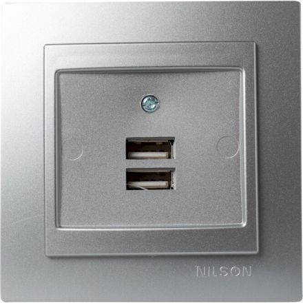 GEYER Πρίζα USB Διπλή Ασημί NILSON