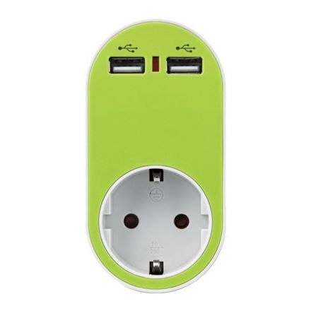 Ανταπτορας Σουκο Με 2 Usb Πρασινο Με Προστασια Επαφων