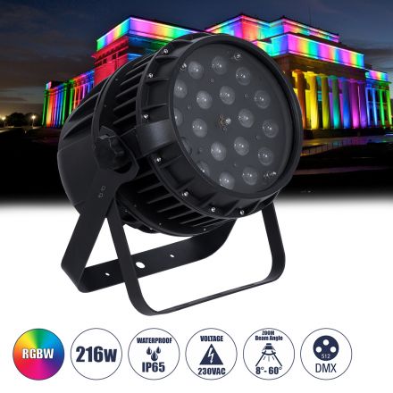 51114 MINOTAUR Επαγγελματική Κεφαλή PAR DMX512 216W AC 220V-240V 4in1 BEAM - WASH - SPOT - ZOOM 8° - 60° OSRAM LED Αδιάβροχη IP65 RGBW - Μαύρο - L24.8 x W28 x H37cm