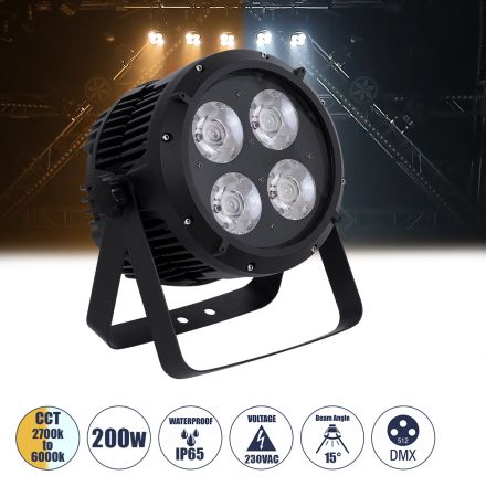 51119 TYPHON Επαγγελματική Κεφαλή PAR DMX512 200W AC 220V-240V - SPOT - 15° OSRAM LED Αδιάβροχη IP65 - CCT Θερμό Λευκό 2700K - Φυσικό Λευκό 4500K - Ψυχρό Λευκό 6000K - Μαύρο - L23.2 x W22 x H33cm