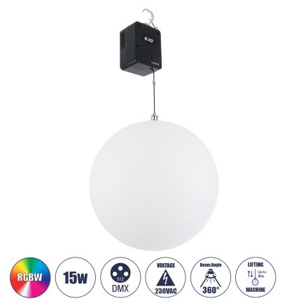 LIFT BALL Επαγγελματικό Φωτιστικό Ειδικών Εφέ Φ60cm KINETIC BALL Light CREE LED 4in1 15W - 15 x 1W LED SMD Chips RGBW - Μέγιστο Μήκος Ανύψωσης 3.5 Μέτρα - DMX512 Display on Body - Μαύρο 