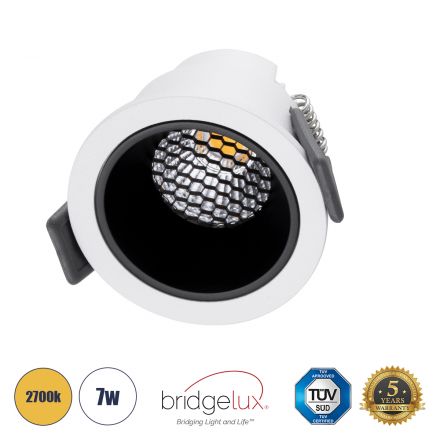 PLUTO-S Χωνευτό LED Spot Downlight TrimLess Φ6.4cm 7W 875lm 38° - Λευκό με Μαύρο Κάτοπτρο & Anti-Glare HoneyComb - 2700K - Bridgelux COB