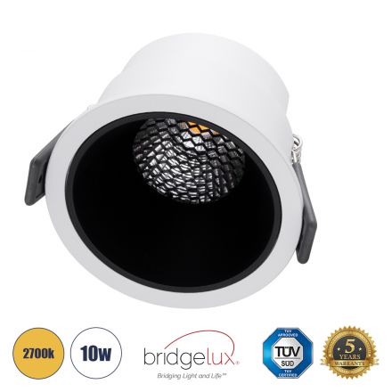 PLUTO-M Χωνευτό LED Spot Downlight TrimLess Φ8.4cm 10W 1250lm 38° - Λευκό με Μαύρο Κάτοπτρο & Anti-Glare HoneyComb - 2700K - Bridgelux COB