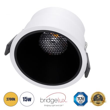 PLUTO-B Χωνευτό LED Spot Downlight TrimLess Φ10.4cm 15W 1875lm 38° - Λευκό με Μαύρο Κάτοπτρο & Anti-Glare HoneyComb - 2700K - Bridgelux COB 