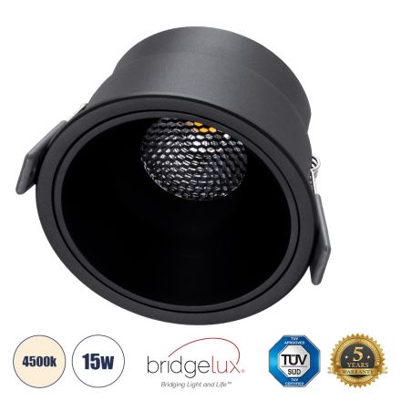 PLUTO-B Χωνευτό LED Spot Downlight TrimLess Φ10.4cm 15W 1950lm 38° - Μαύρο & Anti-Glare HoneyComb - 4500K - Bridgelux COB 