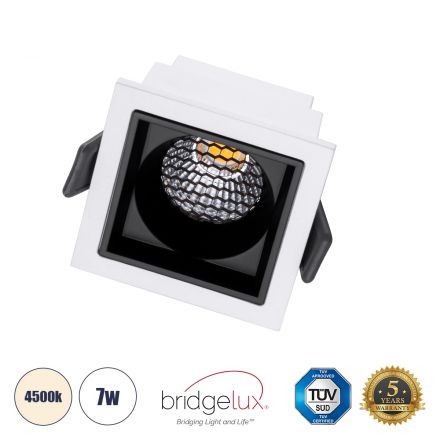 PLUTO-S Χωνευτό LED Spot Downlight TrimLess Μ6.4xΠ6.4cm 7W 910lm 38° - Λευκό με Μαύρο Κάτοπτρο & Anti-Glare HoneyComb - 4500K - Bridgelux COB 