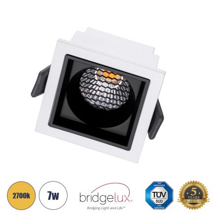 PLUTO-S Χωνευτό LED Spot Downlight TrimLess Μ6.4xΠ6.4cm 7W 875lm 38° - Λευκό με Μαύρο Κάτοπτρο & Anti-Glare HoneyComb - 2700K - Bridgelux COB 