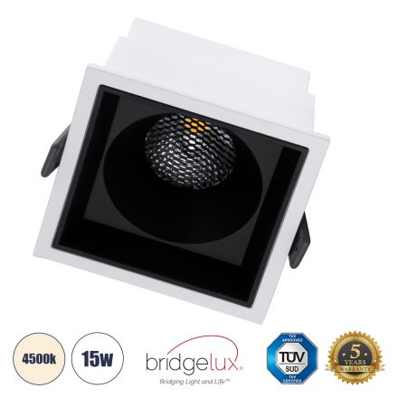 PLUTO-B Χωνευτό LED Spot Downlight TrimLess 15W 1950lm 38° IP20 - Λευκό με Μαύρο Κάτοπτρο & Anti-Glare HoneyComb - 4500K - Bridgelux COB 
