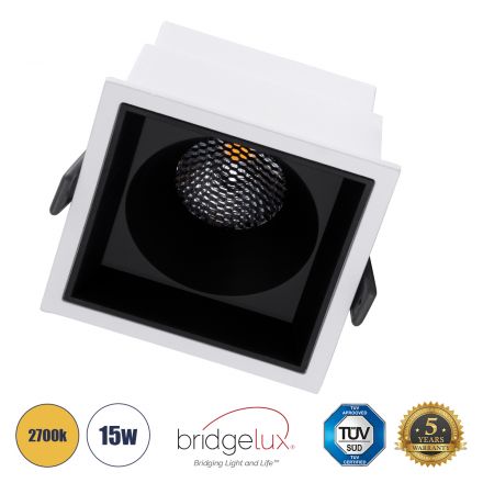 PLUTO-B Χωνευτό LED Spot Downlight TrimLess 15W 1875lm 38° IP20 - Λευκό με Μαύρο Κάτοπτρο & Anti-Glare HoneyComb - 2700K - Bridgelux COB