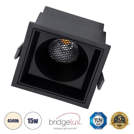 PLUTO-B Χωνευτό LED Spot Downlight TrimLess 15W 1950lm 38° IP20 - Μαύρο & Anti-Glare HoneyComb - 4500K - Bridgelux COB 