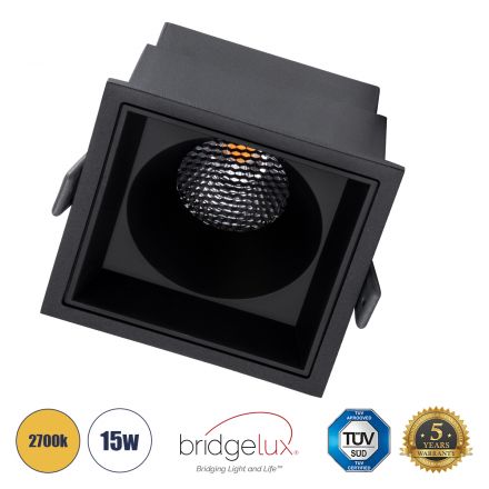 PLUTO-B Χωνευτό LED Spot Downlight TrimLess 15W 1875lm 38° IP20 - Μαύρο & Anti-Glare HoneyComb - 2700K - Bridgelux COB 