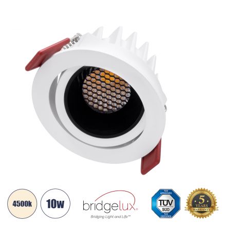 LEO-R Χωνευτό LED Spot Downlight TrimLess Φ8.5cm 10W 1300lm 38° - Κινούμενο - Λευκό με Μαύρο Κάτοπτρο & Anti-Glare HoneyComb - 4500K - Bridgelux COB 