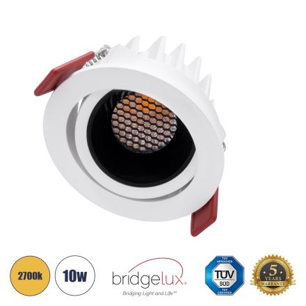 LEO-R Χωνευτό LED Spot Downlight TrimLess Φ8.5cm 10W 1250lm 38° - Κινούμενο - Λευκό με Μαύρο Κάτοπτρο & Anti-Glare HoneyComb - 2700K - Bridgelux COB 