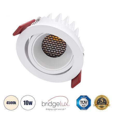LEO-R Χωνευτό LED Spot Downlight TrimLess Φ8.5cm 10W 1300lm 38° - Κινούμενο - Λευκό & Anti-Glare HoneyComb - 4500K - Bridgelux COB