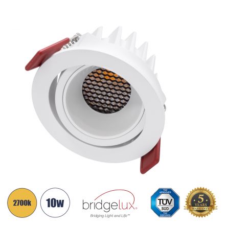 LEO-R Χωνευτό LED Spot Downlight TrimLess Φ8.5cm 10W 1250lm 38° - Κινούμενο - Λευκό & Anti-Glare HoneyComb - 2700K - Bridgelux COB