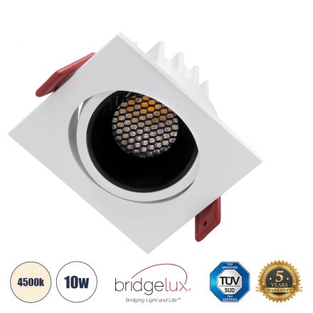 LEO-SQ Χωνευτό LED Spot Downlight TrimLess Μ8.5xΠ8.5cm 10W 1300lm 38° - Κινούμενο - Λευκό με Μαύρο Κάτοπτρο & Anti-Glare HoneyComb - 4500K - Bridgelux COB 