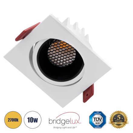 LEO-SQ 60289 Χωνευτό LED Spot Downlight TrimLess Μ8.5xΠ8.5cm 10W 1250lm 38° - Κινούμενο - Λευκό με Μαύρο Κάτοπτρο & Anti-Glare HoneyComb - 2700K - Bridgelux COB 