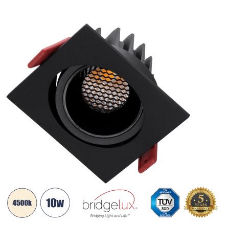 LEO-SQ Χωνευτό LED Spot Downlight TrimLess Μ8.5xΠ8.5cm 10W 1300lm 38° - Κινούμενο - Μαύρο & Anti-Glare HoneyComb - 4500K - Bridgelux COB 