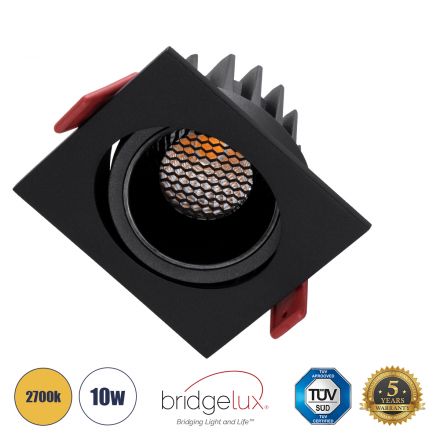 LEO-SQ Χωνευτό LED Spot Downlight TrimLess Μ8.5xΠ8.5cm 10W 1250lm 38° - Κινούμενο - Μαύρο & Anti-Glare HoneyComb - 2700K - Bridgelux COB 