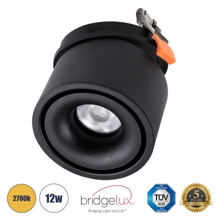 OMEGA-R Χωνευτό LED Spot Downlight TrimLess Φ10cm 12W 1500lm 36° - Μαύρο - 2700K - Bridgelux COB 