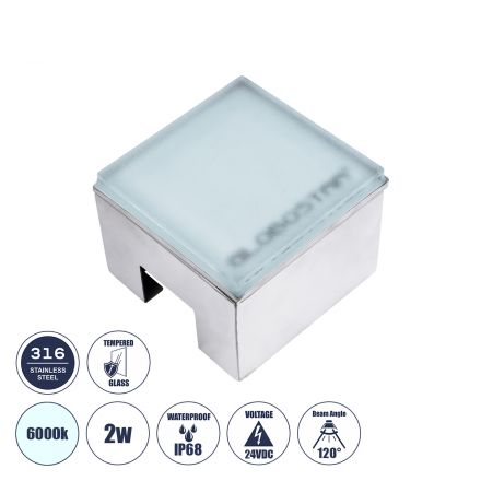 CYBOLITHOS Χωνευτό Φωτιστικό Δαπέδου LED 2W 270lm 120° DC 24V - IP68 - 6000K Dimmable - Tempered Γαλακτερό Γυαλί & Ανοξείδωτο Ατσάλι - Bridgelux Chip 