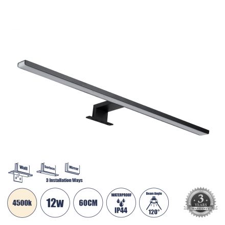 NINA Απλίκα Καθρέπτη - Πίνακα LED 12W 1400lm 120° - IP44 - 4500K - Μαύρο