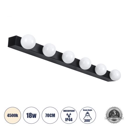 BELLA Απλίκα Καθρέπτη - Πίνακα LED 18W 2052lm 300° - IP44 - 4500K - Μαύρο