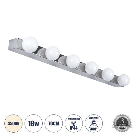 BELLA Απλίκα Καθρέπτη - Πίνακα LED 18W 2052lm 300° - IP44 - 4500K - Χρώμιο Νίκελ 