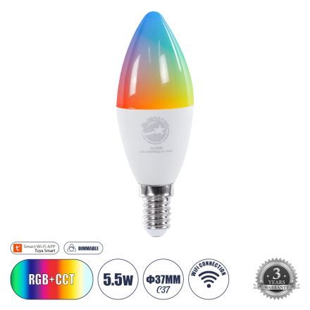 LED C37 Smart Home Wifi 5.5W 550lm RGB+CCT - Εναλλαγή Φωτισμού & Dimming μέσω Εφαρμογής Tuya  