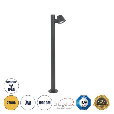 GARDENIA 60507 Φωτιστικό Κήπου Κολωνάκι Αρχιτεκτονικού Φωτισμού Εξωτερικού Χώρου LED 7W 700lm 60° AC220-240V Αδιάβροχο IP65 Σώμα Αλουμινίου & Tempered Glass Μ12 x Π18 x Υ90cm Θερμό Λευκό 2700K Γκρι Ανθρακί Bridgelux Chip 5 Years Warranty
