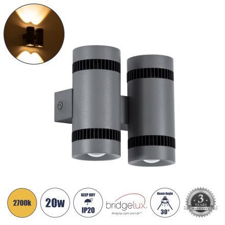 CANNONAL Απλίκα Εσωτερικού Χώρου Up & Down LED 20W 2300lm 30° - IP20 - 2700K - Γκρι Ανθρακί με Μαύρο