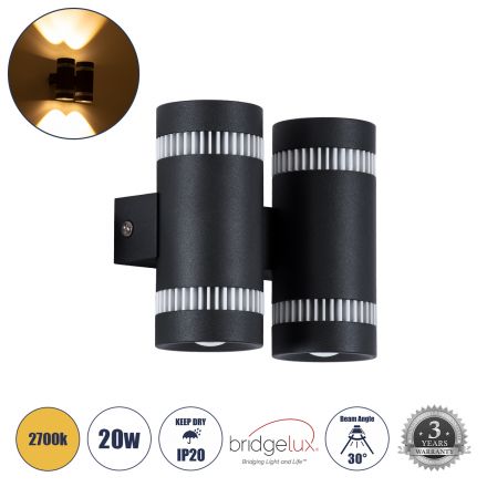 CANNONAL Απλίκα Εσωτερικού Χώρου Up & Down LED 20W 2300lm 30° - IP20 - 2700K - Μαύρο με Λευκό 