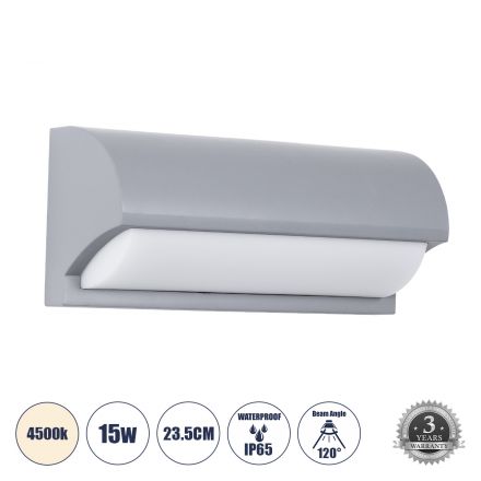 HORIZON Απλίκα Εσωτερικού/Εξωτερικού Χώρου LED 15W 1575lm 120° - IP65 - Φυσικό λευκό 4500K - Μ23.5 x Π11 x Υ10cm - Γκρι - Bridgelux Chip 