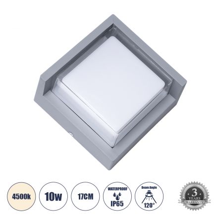 APEX Απλίκα Εσωτερικού/Εξωτερικού Χώρου LED 10W 1050lm 120° - IP65 - 4500K - Μ17 x Π17 x Υ9cm - Γκρι - Bridgelux Chip 
