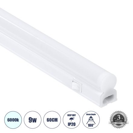 TUBO 60787 Γραμμικό Φωτιστικό Οροφής Linear LED Τύπου T5 Επεκτεινόμενο 9W 900lm 180° AC 220-240V IP20 Πάγκου Κουζίνας με Διακόπτη On/Off Μ60 x Π2.2 x Υ3.5cm Ψυχρό Λευκό 6000K - Λευκό - 3 Years Warranty